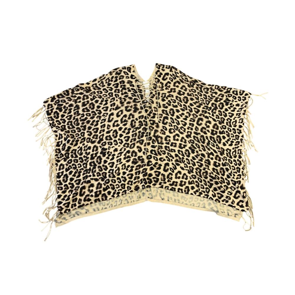 Chico’s Leopard Animal Print Wide Fit Fringe Poncho Shawl Sweater Top Chic